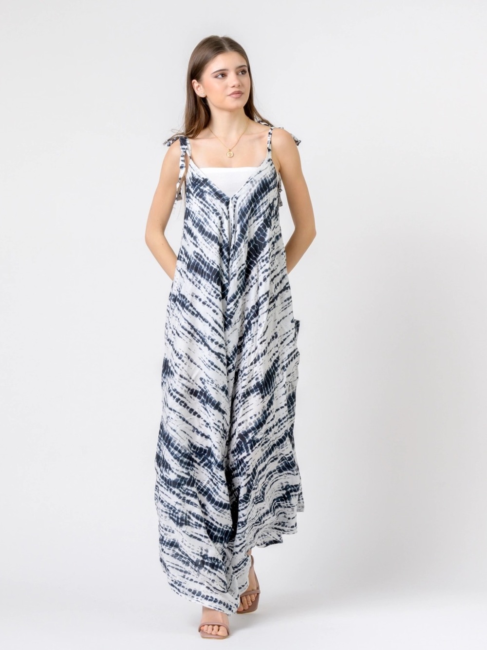 Boho Black & White Tie-Dye Wide Leg Jumpsuit, Festival, Summer, Breezy